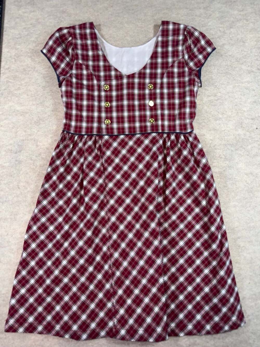 Hope & Henry Girls 10 Organic Cotton Red Plaid Dress Gold Button preppy school